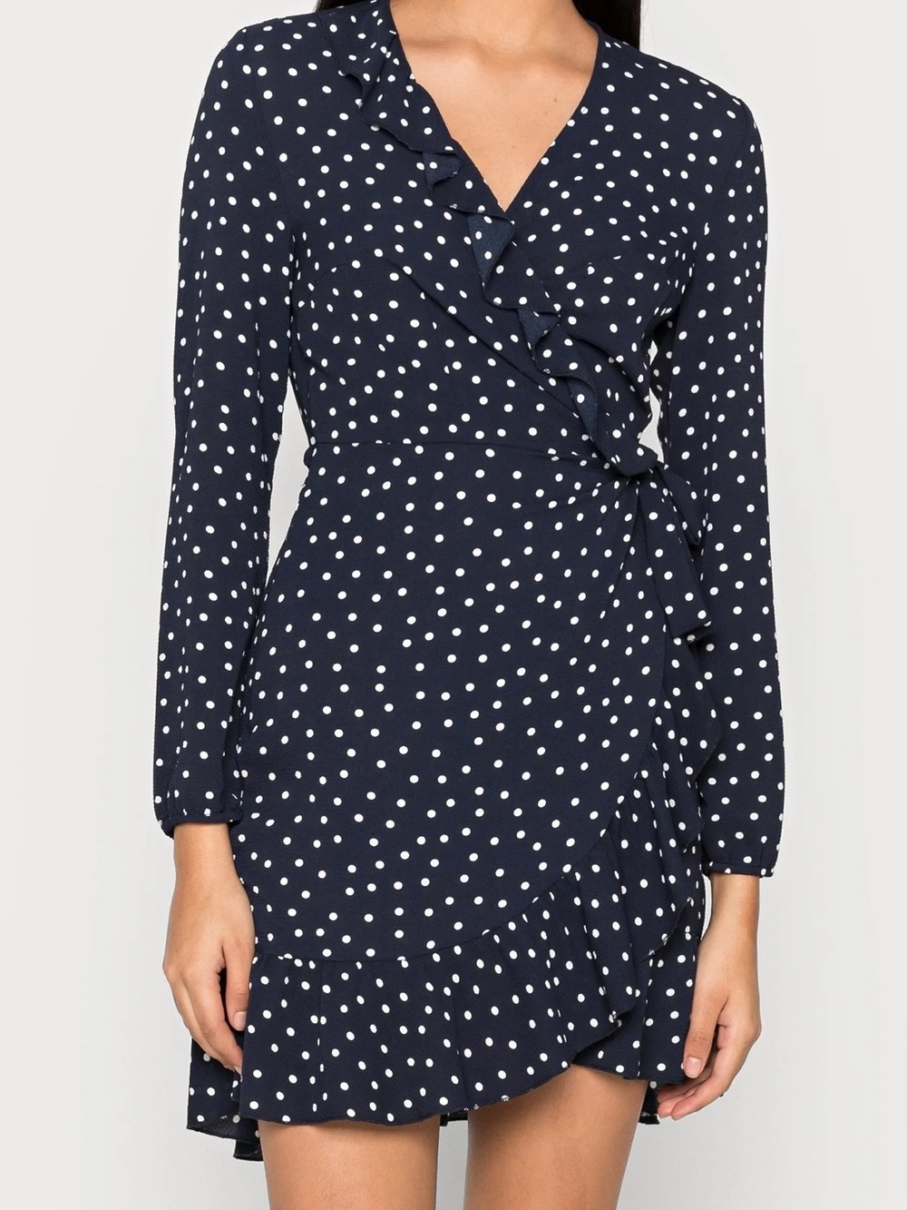 ONLY Ruffle Faux Wrap Mini Black Dress Polka Dot Sz 4-6